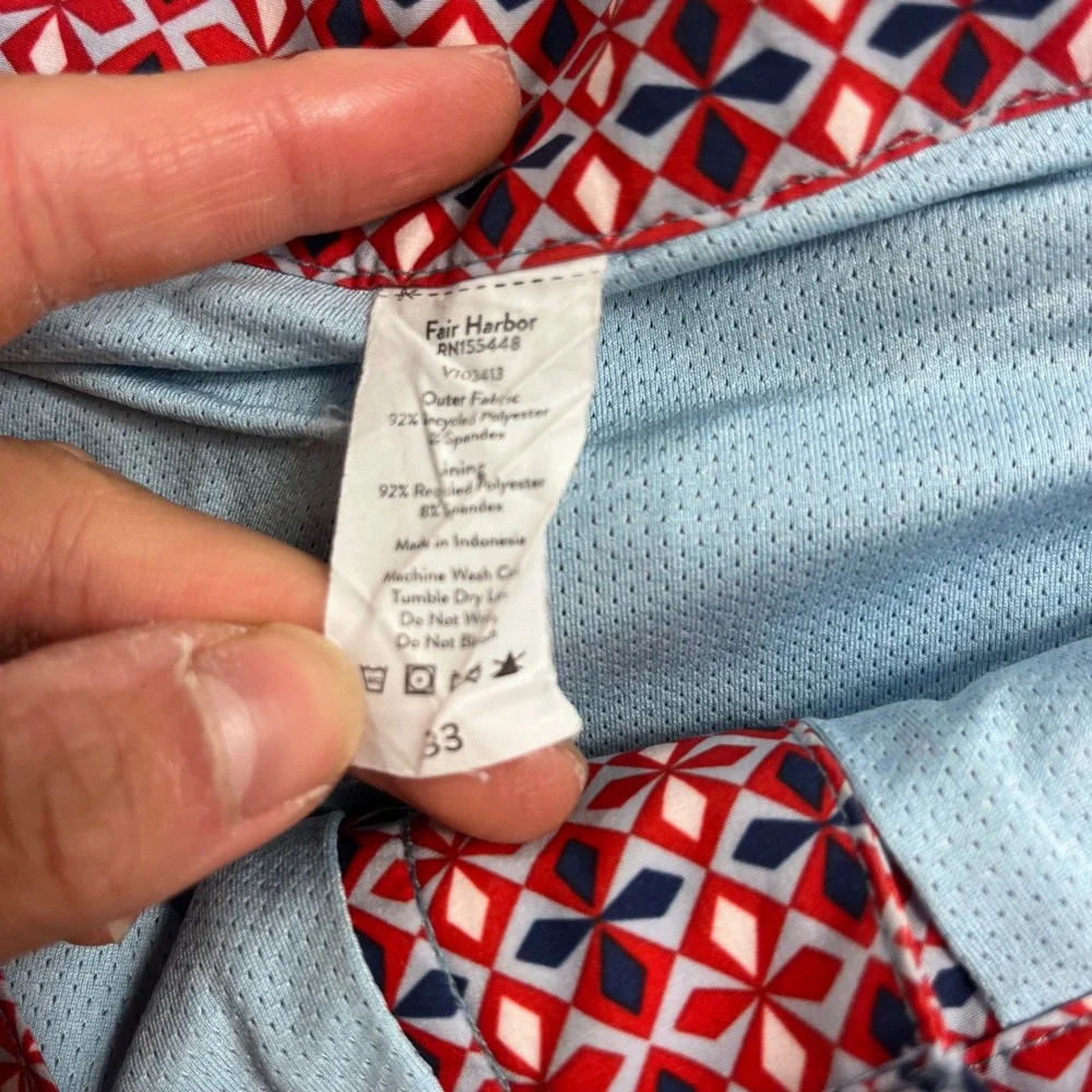 Fair Harbor Mens Swim Trunks Size 33 Red Blue Geometric Diamond Print Shorts